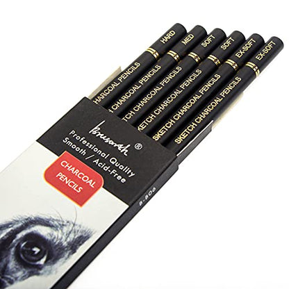 Brusarth Professional Charcoal Pencils Drawing Set - 6 Pieces Soft Medium and Hard Charcoal Pencils for Drawing, Sketching, Shading - color: Black