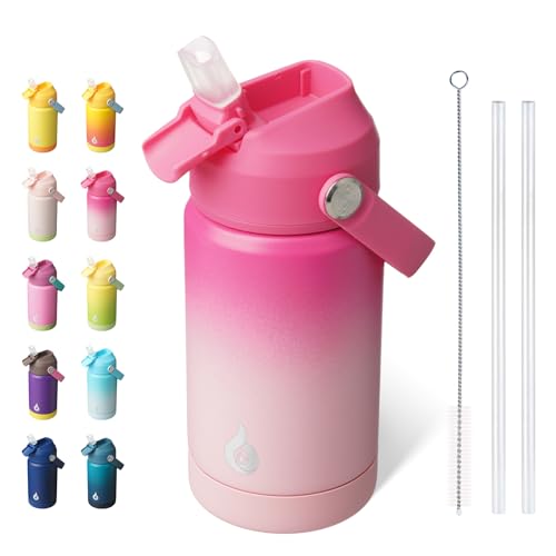 BJPKPK Insulated Water Bottle with Straw Lid, 12oz Thermo Water Bottles with Soft Nozzle, Flex Handle & Non-slip Boot, BPA Free Leak Proof Stainless Steel Metal Thermo, Tumblers, Cups,Cherry - color: Cherry, size: 12 Ounces