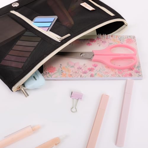 SKYDUE Pencil Pouch for Binder, Pencil Case, 3 Ring Binder Pencil Pouch with 3 Pockets and Mesh Window, Zipper Pencil Pouch, Durable Organizer for School Supplies, Cables, Earbuds, Makeup - color: Black