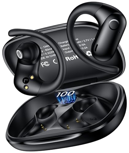 kurdene Open-Ear Headphones, Digital Display Wireless Earbuds with Ear Hooks, Ultra-Comfort, Snug Fit, Powerful Sound, Clear Calls, 42H Playtime, Bluetooth 5.4 for Office, Outdoor Use-Black