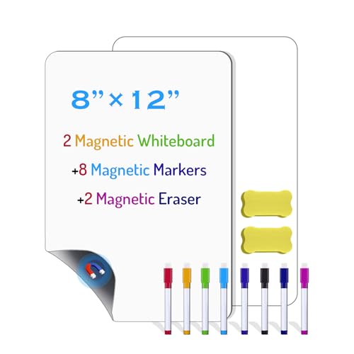 2 Pack PET Magnetic Whiteboard for Fridge, Small Magnetic Dry Erase Boards with 8 Markers and 2 Eraser, Reusable Blank Magnet White Board Sheets for Home, Kitchen, Office, Classroom - 12" x 8"