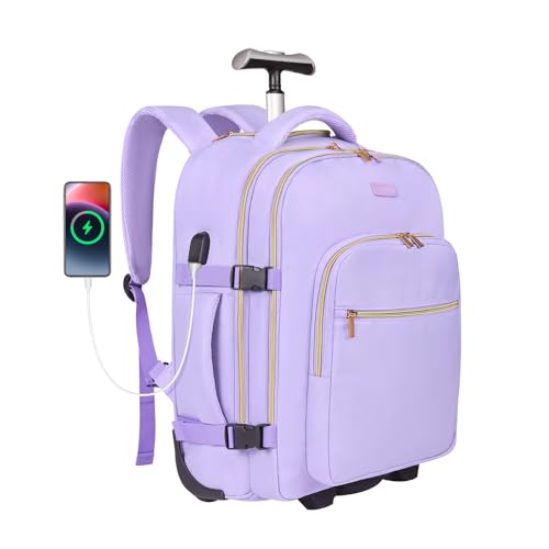 DEVPNR Rolling Backpack for Women, Travel Backpack with Wheels | 17 Inch Wheeled Roller Laptop Bag for Adults, Carry On Underseat Luggage for College Business Work Overnight Travel - color: Taro Purple
