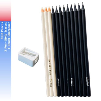 #2 HB Pre-Sharpened Wood-Cased Graphite Pencils 9 Pack | 3 Pencil-Style Erasers & 1 Pencil Sharpener，Ideal for Writing, Drawing & Sketching, Perfect for Students, Adults, Artists