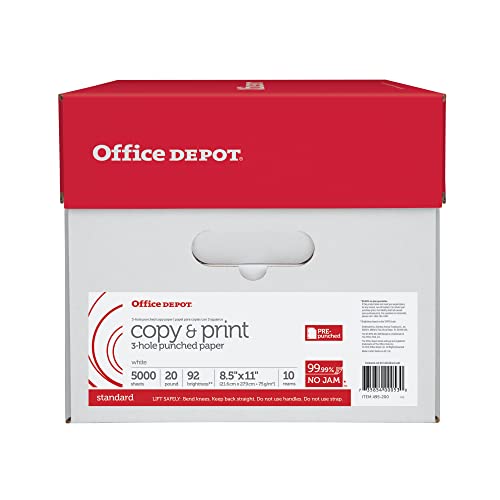 Office Depot(R) White Copy Paper, 3-Hole Punched, 8 1/2" x 11", 20 Lb., 84 Brightness, Case Of 10 Reams