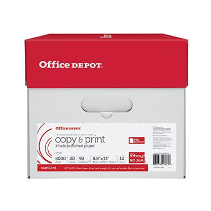 Office Depot(R) White Copy Paper, 3-Hole Punched, 8 1/2" x 11", 20 Lb., 84 Brightness, Case Of 10 Reams