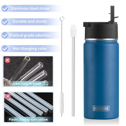 koodee Water Bottle with Straw 16 oz Stainless Steel Double Wall Vacuum Insulated Water Bottle BPA Free, Boys Water Bottle for School (Navy) - color: navy-A, size: 16 Ounces