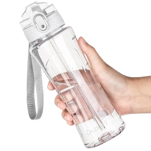 OLDLEY Kids Water Bottle with Straw 15 oz BPA-Free Leak-Proof Motivational Water Bottles with Time Marker for School Sports Travel Gym, Easy to Use for Girls Goys, 1 Straw Lid, Transparent - color: A-Transparent, style: Straw Lid