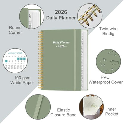 Daily Planner 2026 Full Page Per Day- 2026 Daily & Monthly Planner from January 2026 to December 2026, Day Planner 2026 with 12 Months Tabs, 6.4" x 8,5", Green - color: Green, size: 6.4" x 8.5"