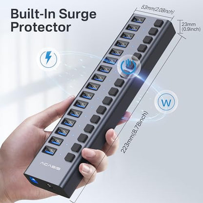 Powered USB 3.2 Hub, ACASIS 16 Ports USB 3.2 Hub with 10Gbps Data Speed，Aluminum Housing, USB Hub Powered with 96W Power Adapter, USB Hub for PC/Laptop, Computer, Flash Drive, Printer, Camera - size: 16 ports