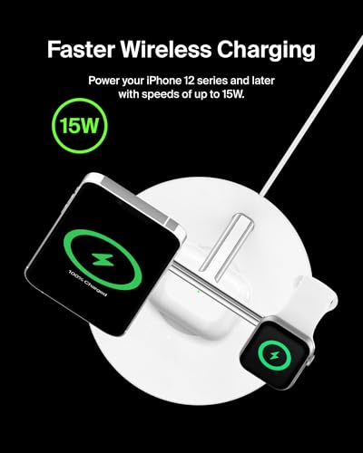 Belkin MagSafe Charger, 3-in-1 Wireless Charging Stand, 2ND GEN, 33% Faster for Apple Watch, iPhone 16, iPhone 15, iPhone 14 Series, AirPods - MagSafe Charging Station for Multiple Devices - White | WIZ017TTWH), Magsafe Iphone Fast Charging Up to 15W, Wir
