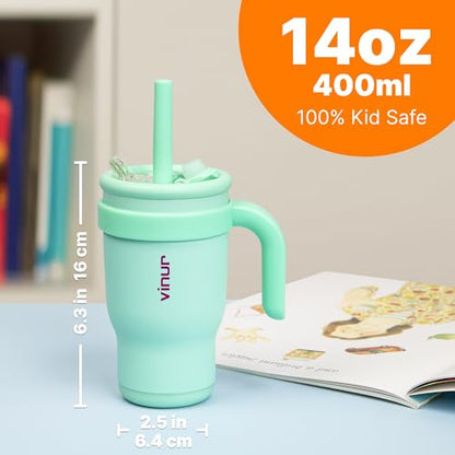 VINUR 14 oz Kids Tumbler with Handle and Straw Lid-2 Pack Stainless Steel Insulated Tumbler Travel Cup with Rubber Base|Drop and Leak Resistant |Cup Holder Friendly (Rose Pink-Teal) - color: Rose Pink-Rose Pink-T, size: 14 Ounces