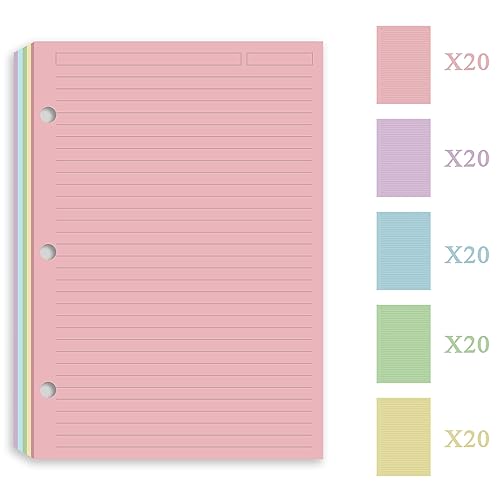 A5 Filler Paper, 3 Hole Notebook Refills Paper for 3 Ring Refillable Binder, 110 Gsm 5-Color Loose Leaf Planner Refill Paper, 100 Sheets/200 Pages, 5.7 x 8.3 Inch - color: green