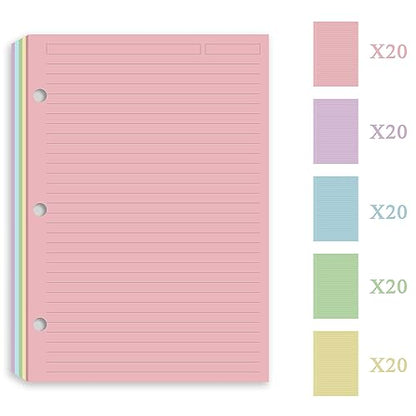 A5 Filler Paper, 3 Hole Notebook Refills Paper for 3 Ring Refillable Binder, 110 Gsm 5-Color Loose Leaf Planner Refill Paper, 100 Sheets/200 Pages, 5.7 x 8.3 Inch - color: green