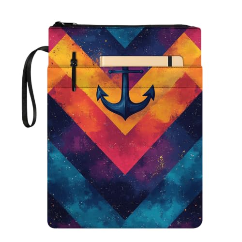 Padded Book Sleeve with Zipper & Front Pocket, Fabric Book Cover | Geometric Anchor Space Galaxy11.4"x8.7" Washable Canvas Pouch for Hardcovers, Tablets & Reading Accessories - color: Geometric Anchor Space Galaxy