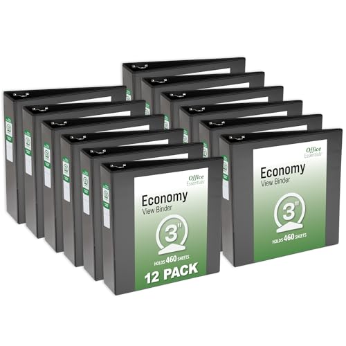 Office Essentials Economy View 3 Ring Binders, 3" Round Rings, 3.5" Spine, 460-Sheet Capacity, Black Binders (12-Pack of 03431) - size: 3"