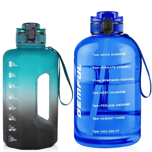 GEMFUL 3L and 2.2L Water Bottle with Handle Large Capacity Leakproof BPA-Free Time Marker Motivational Jug for Outdoor Camping Fitness Men & Women