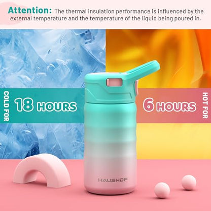 HAUSHOF Kids Water Bottle 12 oz BPA-free with Straw and Stickers, Stainless Steel Vacuum Double Wall Insulated cup with Leak Proof for school, Gift, Girls (Green and Pink) - color: Green and Pink(1 Pack)