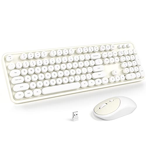 Atelus Wireless Keyboard and Mouse, Typewriter Full Size Keyboard with Number Pad and 2 in 1 USB Connected Mouse for Windows 7/8/10, Laptop, Desktop, PC, Computer (Off-White) - color: Off-White