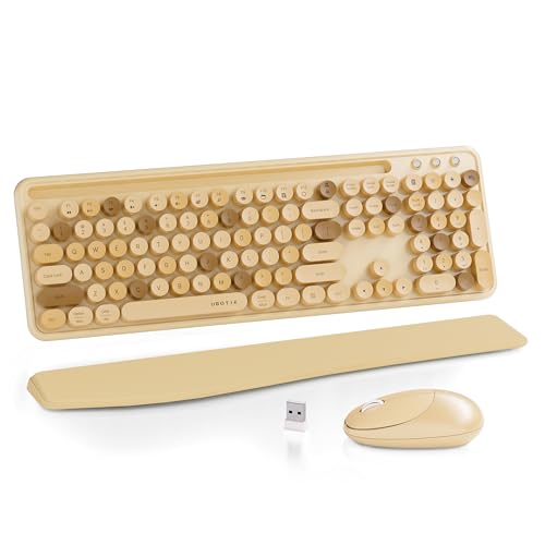 UBOTIE Ergonomic Wireless Keyboard and Mouse Combo with Phone Holder Wrist Rest, Round Colorful Keys, Power Switches, 2.4GHz USB Receiver, Full-Size QWERTY Layout for PC Laptop (Milk-Tea) - color: Milk-Tea