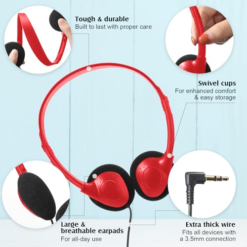 Flutesan 20 Pack Headphones Bulk Libraries Wired on Ear Headphones Over The Head Earphones for Boys Girls Adults(Red) - color: Red