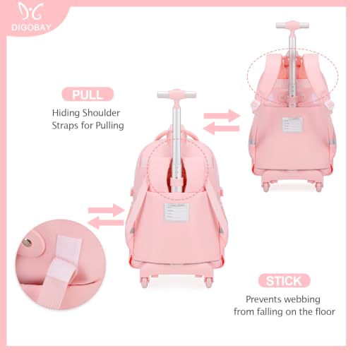 DIGOBAY Rolling Backpack for Girls, Girls Roller Backpack with Lunch Bag and Pencil Case, School Bookbag with Wheels for Elementary Middle High School Travel, Pink - color: Pink