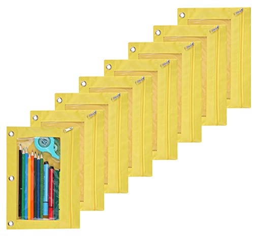Zippered Pen Pencil Binder Pouch | 3 Rings with Clear Window for School Classroom Organizers 8 Pcs (yellow) - color: Yellow