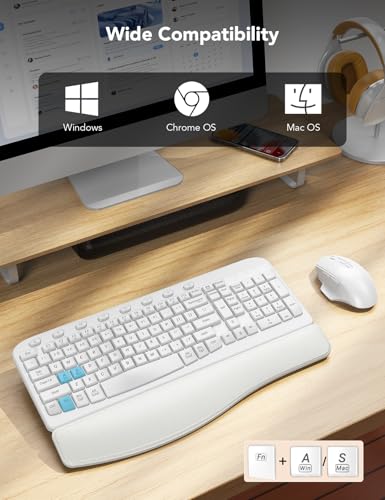 SABLUTE Wireless Keyboard and Mouse Combo with Ergonomic Wave Key | Leather Soft Palm Rest, 2.4G Full Size, 6-Button Mouse, 4-Level DPI, USB-A/C, MA12 Set for PC, Laptop, Windows, macOS (White） - color: Cloud White