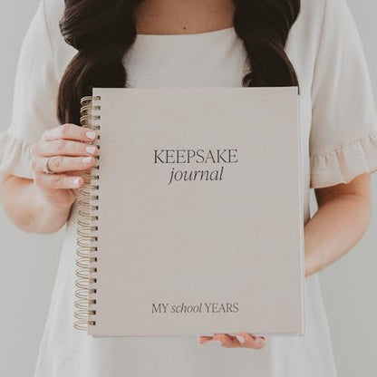 Sweet Water Decor Kid's Keepsake Memory Journal, Cute Prompted Entry Notebook for Moms and Parents, 14 White Craft Envelopes for Capturing Memories, Tan Fabric Spiral Bound Diary with Gold Foil Detail - style: Kid's Keepsake