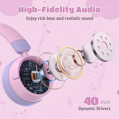 Kids Headphones Bluetooth for Girls, Toddler Headphones Wireless for School | 85/95dB Volume Limited, 50H Playtime, Bluetooth 6.0, Built in Mic, Fast Charging for Tablet, iPad, Cellphone - color: Pink