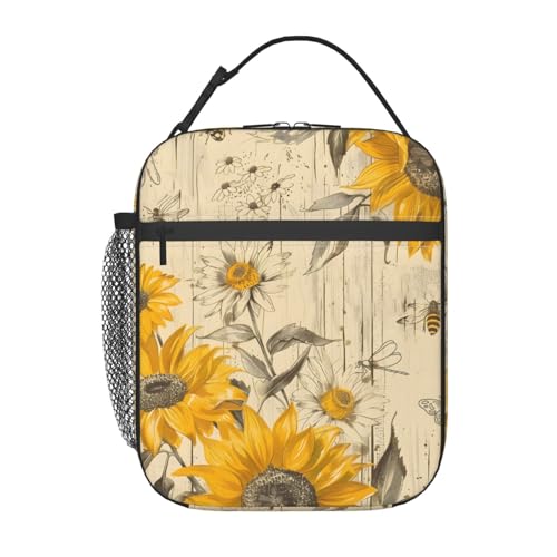 Retro Sunflower Lunch Box for Women Girls,Bee Daisy Flower Insulated Bag for Student,Rustic Floral Reusable Thermal Insulation Cooler Tote Bags for School Work Picnic Camping Outdoor,Gifts - color: Sunflower