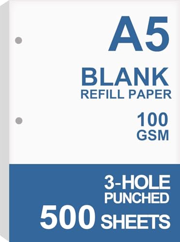 (5-Pack) A5 Filler Paper, 3 Hole Planner Refills, Organizer, Loose-leaf Binder Paper, Total 500 Sheets/1000 Pages, 100gsm, Blank, White Paper, 5.8 x 8.2 Inch, 3 Hole Filler Paper - size: 500 Sheets