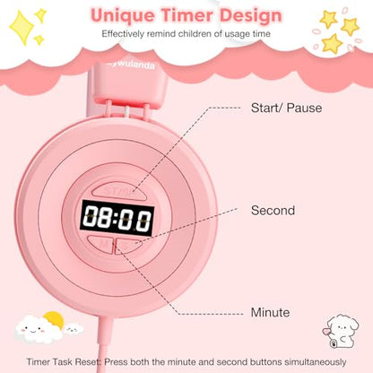 Bywulanda USB-C Kids Headphones with Digital Timer, Pink | Foldable Adjustable Lightweight, 85/94dB Volume Limit, On-Ear with Microphone, For Toddler Students Tablet iPad - color: Pink