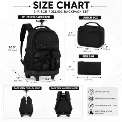 HPJGD 3PCS Girls Backpack with Wheels, Black Bow Tie Roller School Backpacks, Water-Resistant Rolling Wheeled Bookbag Set - color: Black Bowknot Rolling Backpack Set