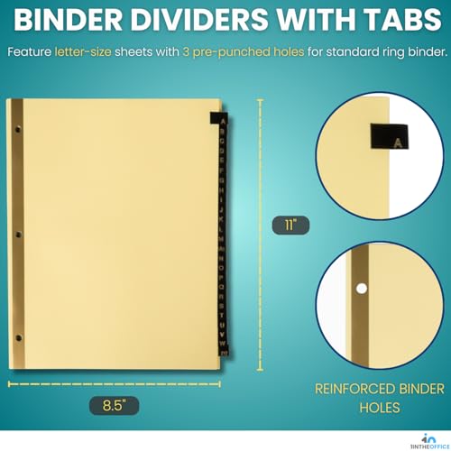 1InTheOffice A-Z Tab Dividers, Alphabet Dividers for 3 Ring Binder, 3 Ring Binder Dividers with Tabs, Leather Tabs, 8 1/2" x 11", 25 Tabs, Black (2 Pack)