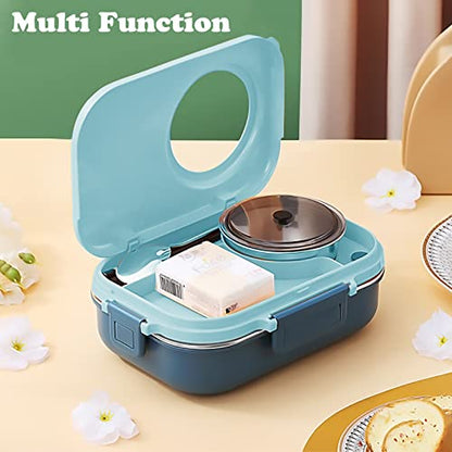 3 Compartments Bento Lunch box with Soup Bowl, Insulated Lunch Bag and Portable Utensils, Stainless Steel Camera Lunch Containers，Leak Proof Bento Box for Adults Men Women… - color: 900ml-Blue