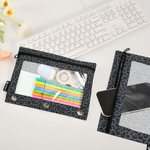 Gredecor 3 Ring Binder Pencil Pouch, Grey Black Leopard Cheetah Zippered Pen Case Pouches with Clear Window, 2 Pack Stylish Office & School Supplie - color: Grey Black Leopard Cheetah