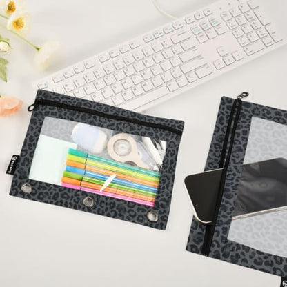 Gredecor 3 Ring Binder Pencil Pouch, Grey Black Leopard Cheetah Zippered Pen Case Pouches with Clear Window, 2 Pack Stylish Office & School Supplie - color: Grey Black Leopard Cheetah