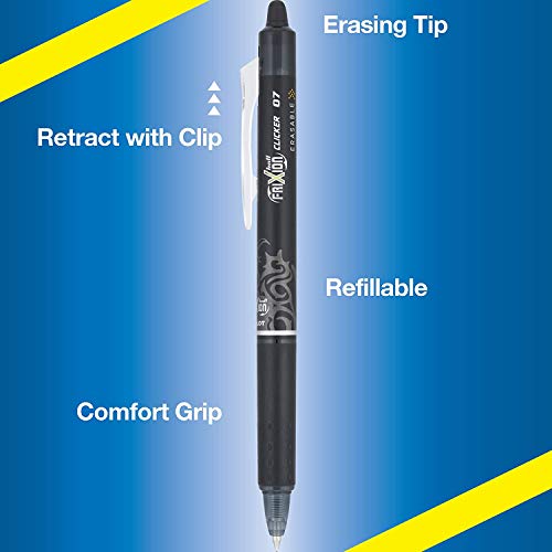 Pilot FriXion Clicker Erasable Gel Pens, Fine Point (0.7mm), Black Ink, 8-Pack - Refillable, Smooth Writing Pens for School, Journaling, and Office Use