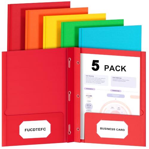 FUCDTEFC 2 Pocket Folders with Prongs, 5 Pack Paper Folders with Pockets and Prongs, File Folders with Fasteners, Heavy Duty Two Pocket 3 Prong Folders for Office School Letter Size, 5 Bright Color