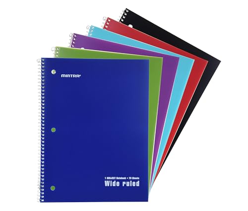 Mintra Office Spiral Notebooks Set - Primary Colors, Wide Ruled, Poly Waterproof Covers, Journals for School, Work, Business, Writing Pads, Teacher & Student Supplies, 70 Sheets Each, 6-Pack - color: Poly Cover - Wide Ruled, size: 6PK