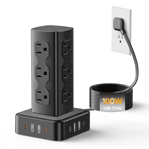 Tower Power Strip Surge Protector, 100W Charging Station Tower 12 AC Outlets 8 USB Ports (4 USB C), 6 Ft Flat Plug Extension Cord with Multiple Outlets, Home Office Dorm Room Essentials, Black - size: 100W