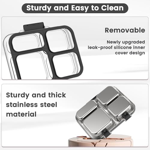 Stainless Steel Bento Box for Kids Adults with Silicone Container, Leak Proof 4 Compartments Metal Lunch Box, Removable Silicone Seal & Clear Lid Food Container for School Office, BPA-Free(Black) - color: Black