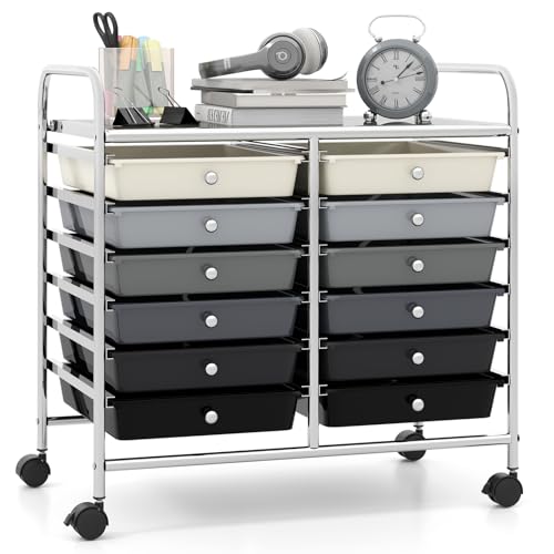 Giantex 12 Drawers Rolling Cart, Mobile Storage Drawer Cart, Classroom Organizer Cart for Office School Supplies Tools Scrapbook Paper Craft Small Printer, Utility Cart on Wheels, Black Gradient - color: Black Gradient, size: 25” x 15” x 24.5”(12 Drawers)