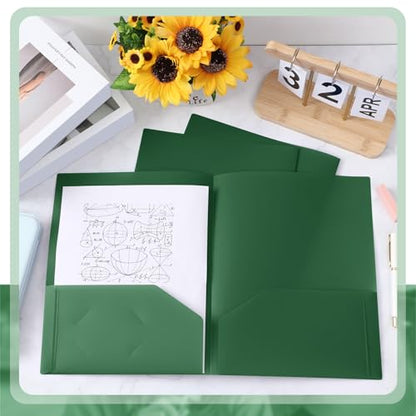 Gueevin 100 Pack Plastic Folder with Pockets, 2 Pocket Folders, Plastic Glossy Folders Fit Letter Size Paper, Heavy Duty Durable File Folder with Business Card for Home Office School (Dark Green) - color: Dark Green