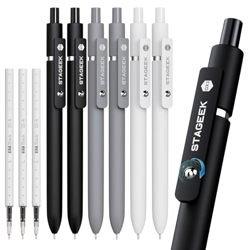 STAGEEK Black Gel Pens GX3, 6 Pcs Fine Point Smooth Writing Pens with 3 Extra Refills, Quick Dry Black Ink Pens for Journaling, Office, Note Taking, School Supplies, Nurse Aesthetic(Black Gray White) - color: Black Gray White