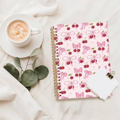 Coquette Cherry Spiral Notebook for Women,Pink Bow School Journal | Pink Office Supplies,Coquette Trendy Gifts for Girls Teens, Aesthetic Stationery Supplies 5.5x8.3 - color: Cherry - Pink bow 1