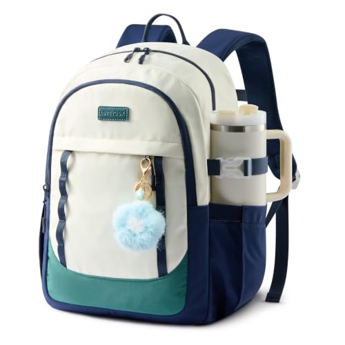 LOVEVOOK School Backpack for Teen Girl, Cute Student Bookbag Fits 15.6 Inch Laptop, Back to School Backpack Purse for Teenagers, Casual Daypack Kid Back Pack Travel Bag, Gift - color: Beige-teal Blue-dark Blue, size: 15.6 Inch
