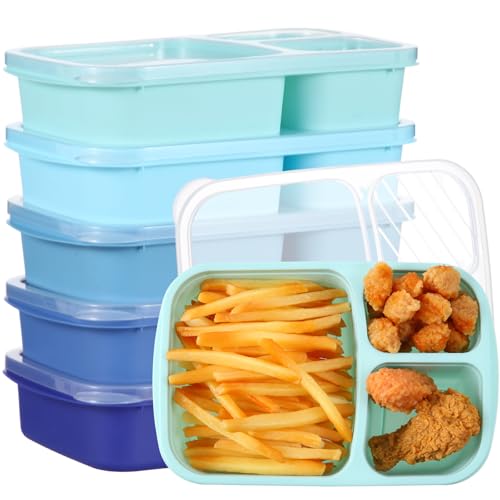 Honeydak 5 Pack Snack Containers 3 Compartment Bento Snack Boxes Divided Meal Prep Containers with Lids Reusable Adults Lunch Food Storage Box for School Work Travel(Glacier Color) - color: Glacier Color