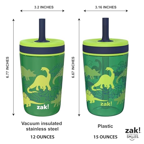 Zak Designs Dino Camo Kelso Tumbler 3pc Set, Leak-Proof Screw-On Lid with Straw, Bundle for Kids Includes Plastic and Stainless Steel Cups with Additional Sipper - color: Dino Camo, size: 3 Piece Set (Pack of 1)