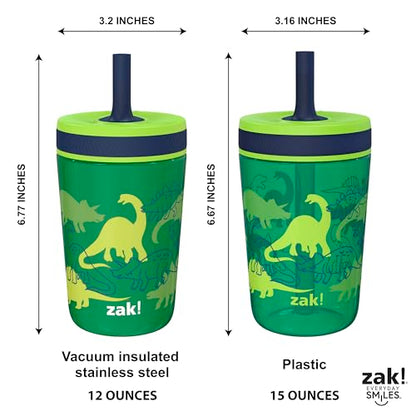 Zak Designs Dino Camo Kelso Tumbler 3pc Set, Leak-Proof Screw-On Lid with Straw, Bundle for Kids Includes Plastic and Stainless Steel Cups with Additional Sipper - color: Dino Camo, size: 3 Piece Set (Pack of 1)